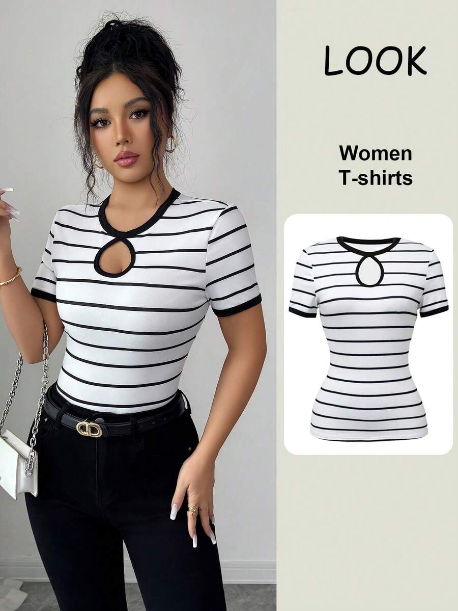 Elenzga 女士经典黑白条纹印花领口精致镂空袖撞色滚边修身针织上衣 - 黑與白 - 查看 1