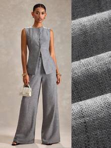 RueChic Women Two Pieces Button Detailed Vest And Wide Leg Pant Sets - Grey - View 1