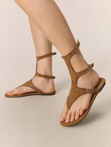 Styleloop New Sexy One-Buckle Roman Sandals, Women's Rivet Bohemian Flat Shoes, Brown Holiday Travel Essential Boho Cowgirl Outfit - Brown - View 5