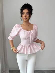 SHEIN Clasi Women's Elegant Refined Fashionable Square Collar Puff Sleeve Cinched Waist Casual/Work Chic Minimalist Pink Short Sleeve Blouse - Pink - View 3