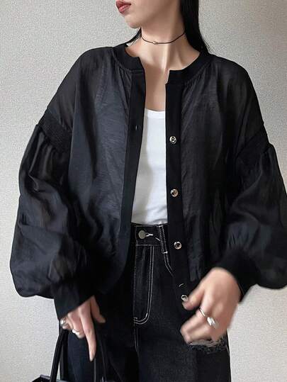 FRIFUL Women's Casual Commuting Raglan Loose Patchwork Lantern Sleeve Single-Breasted Open Front Jacket, Suitable For Spring, Summer And Autumn