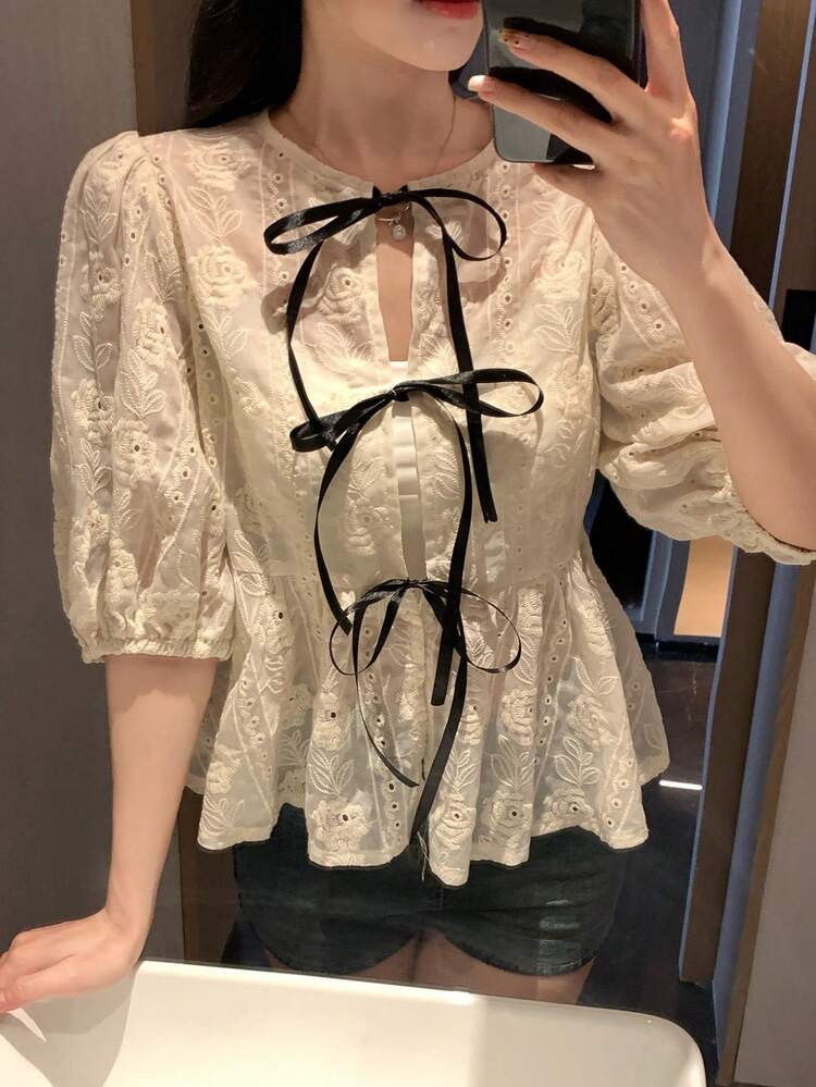 Women's Textured Jacquard Contrast Bow Tie Petal Sleeve Round Neck Fitted Casual Vacation Summer Blouse