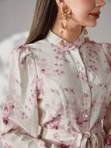 Modelyn 女士花卉印花前扣腰带长袖上衣和半裙两件套，优雅女装 - 彩色 - 查看 6