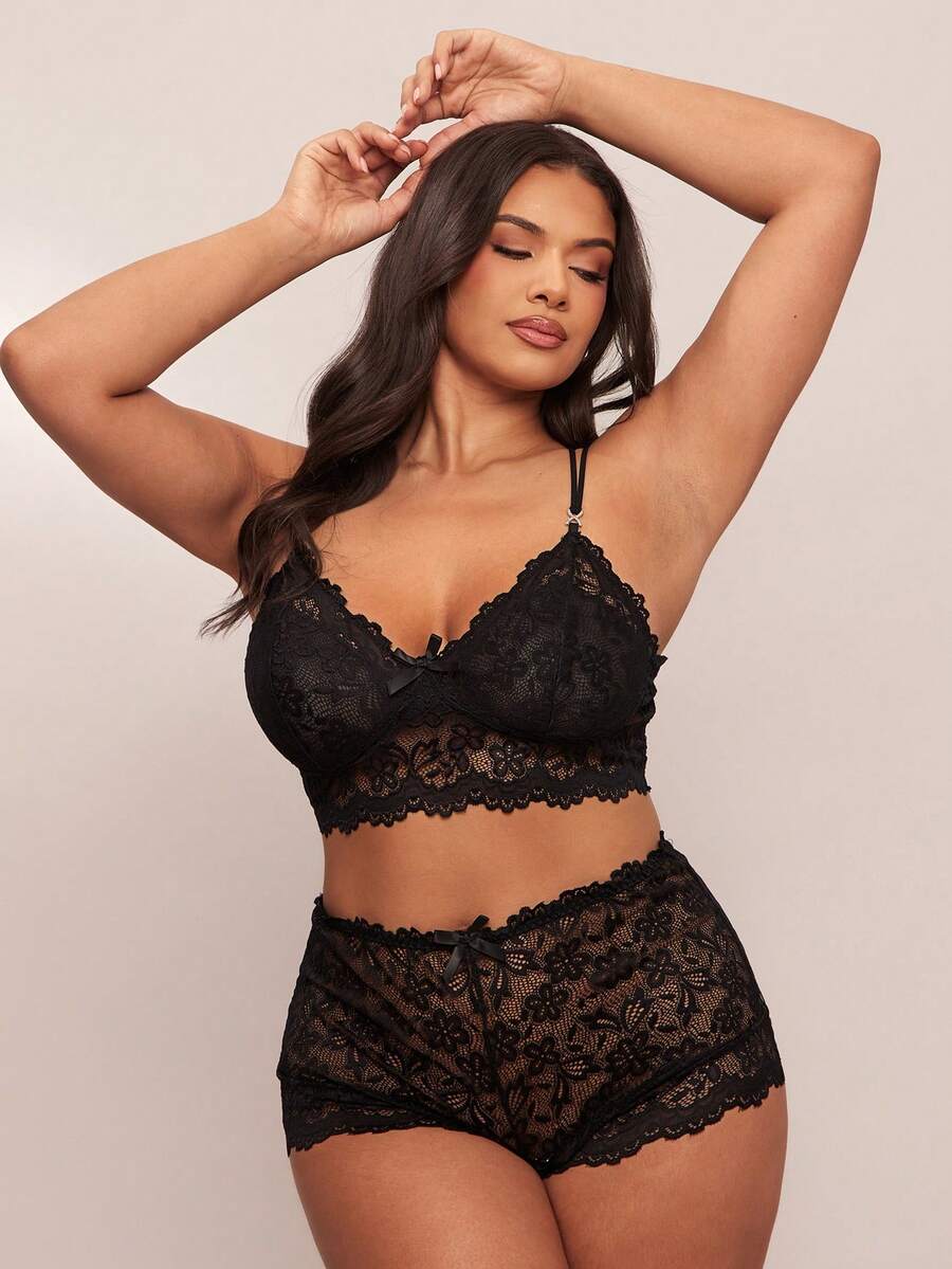 SHEIN BAE Plus Size Lace Camisole Short Pajama Sets, Sexy & Semi-Sheer - Black - View 1