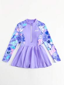 SHEIN 少女时尚休闲保守沙滩/泳池/派对/度假热带印花长袖拉链连体泳衣 - 紫色 - 查看 6