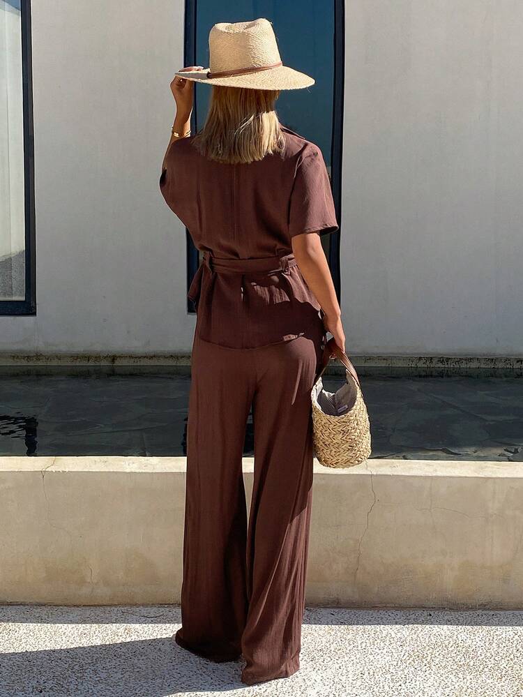 Women's Summer Casual Solid Color Pocket Belt Shirt And Wide Leg Pants 2 Pieces Set Lounge Sets For Women Short Sets For Women
