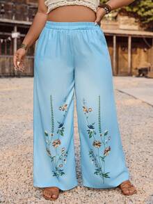 SHEIN LUNE Women's Blue Plus Size Straight Leg Pants Boho Style With Pockets And Long Floral Plant Print Design - Blue - View 7