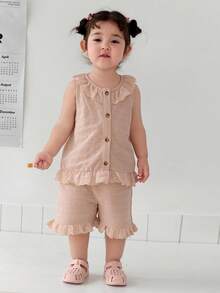 DAZY Bộ đồ 2 món kiểu Hàn Quốc viền bèo cho bé gái, áo không tay và quần short, thích hợp cho mùa hè. - Màu be - Xem 10