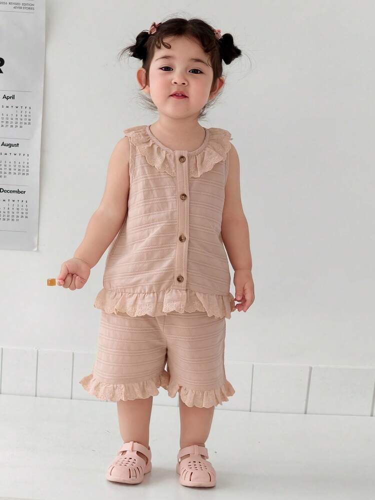 Baby Girls' Ruffle Trim Korean Style Sleeveless Shirt And Shorts 2 Pieces Set Summer
