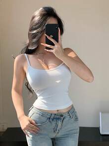 DAZY 女士休闲百搭纯色修身露背吊带背心，夏季款 - 白色 - 查看 3