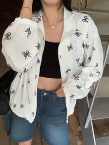 DAZY Women's Loose Casual Thin Jacket With Bowknot All-Over Print, Long Sleeve, Open Front - White - View 1
