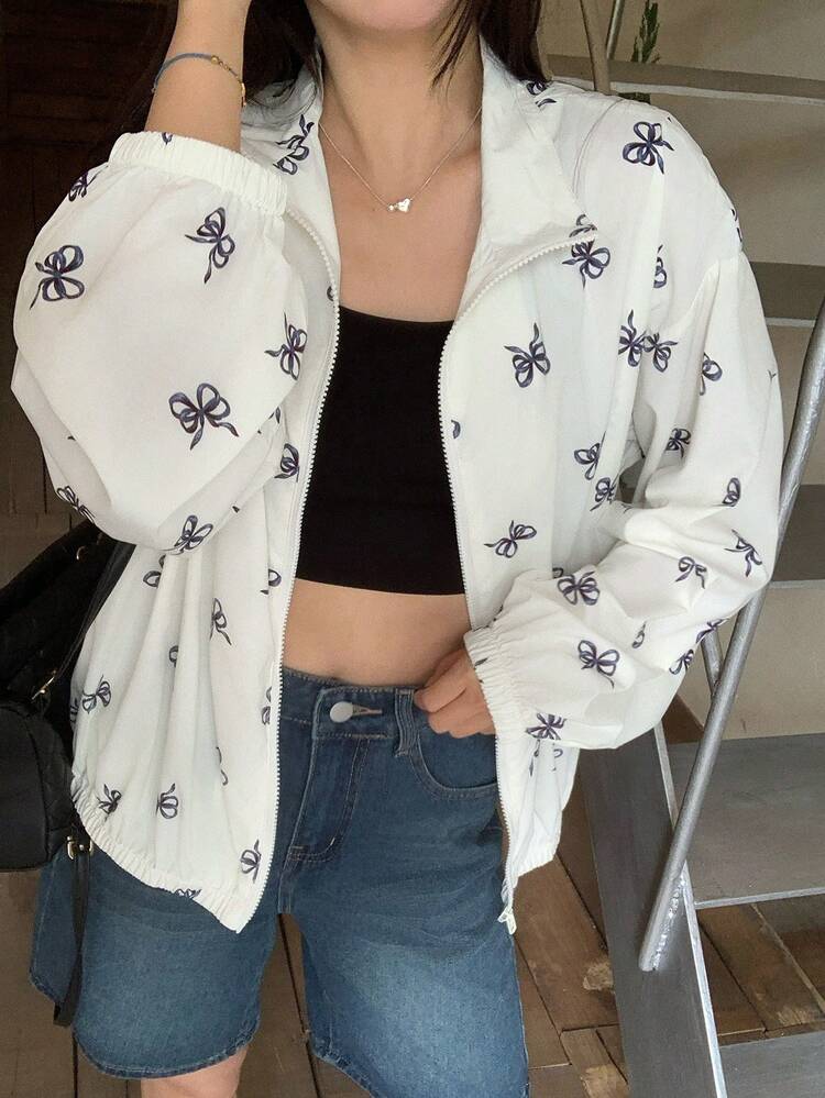 Women's Loose Casual Thin Jacket With Bowknot All-Over Print, Long Sleeve, Open Front