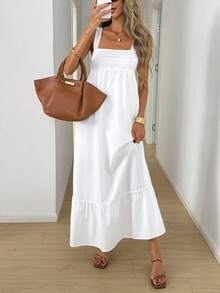 SHEIN LUNE 女士纯色方领荷叶边下摆休闲无袖连衣裙 - 白色 - 查看 4