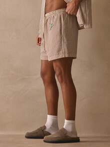 Musero Pinstripe Elasticated Drawstring Waistband Graphic Olive Printed Shorts Spring Summer Holiday - Brown - View 4