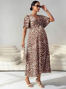 MaterniWear Maternity Zebra Print Side Slit Dress - Mocha Brown - View 4