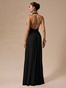 SHEIN BAE 秋冬季纯粉色女士露背吊带褶皱性感高开衩优雅长裙，适合鸡尾酒会、浪漫约会、聚会、正式活动、伴娘礼服、晚礼服、圣诞节、新年、情人节、夏季连衣裙、下午茶派对等场合。 - 黑色 - 查看 2