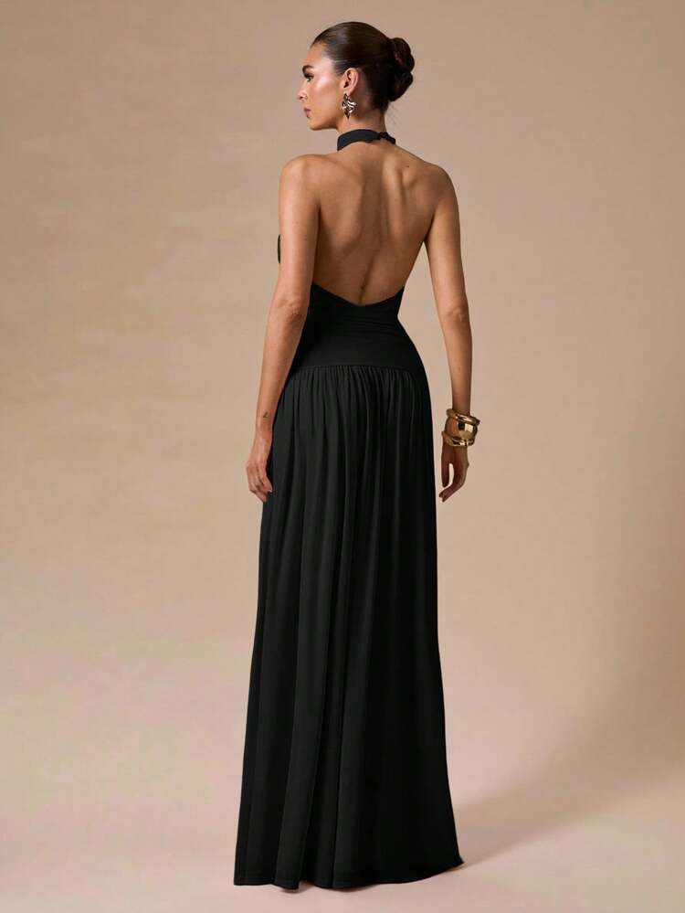 SHEIN BAE Vestido Longo Elegante Feminino Rosa Sólido com Decote Halter, Franzido, Costas Abertas, Fenda Alta, Adequado para Coquetel, Encontro Romântico, Reunião, Evento Formal, Vestido de Dama de Honra, Vestido de Festa, Natal, Ano Novo, Dia dos Namorados, Vestido de Verão, Chá da Tarde - Preto - Visão 2