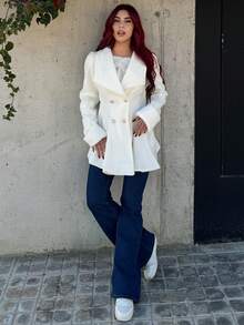 Bearsaez 女士貂皮袖口领腰部 A 字型优雅日常通勤厚羊毛大衣 - 杏色 - 查看 3