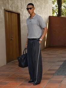 AKNOTIC Business Casual Top tricoté à manches courtes de couleur unie décontracté pour navetteur pour hommes - Gris - Voir 6