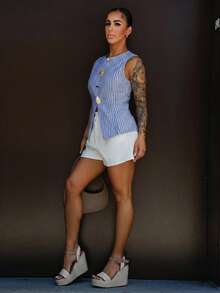 SAYEHFBABY 女士夏季休闲通勤条纹前扣吊带背心 - 藍白色 - 查看 6