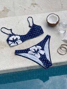 Swim Mod 两件套女士时尚可爱性感沙滩装，花卉波点印花可调节吊带比基尼上衣和可爱泳裤，适合沙滩、泳池、游泳派对等场合。 - 彩色 - 查看 3