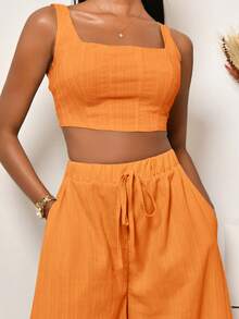 Mima John 全新夏季度假休闲鱼骨吊带上衣和阔腿裤带口袋两件套，纹理面料服装 - B - 橘色 - 查看 3