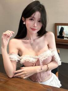 Joudiya 粉色與白色波點夏季優雅野餐女款白色蕾絲飾邊撞色波點印花短版背心，情人節休閒細肩帶上衣 - 粉色 - 查看 7