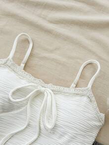 SHEIN 少女米色针织纹理吊带背心，蝴蝶结蕾丝 BM 夏季款式 - 米色 - 查看 3