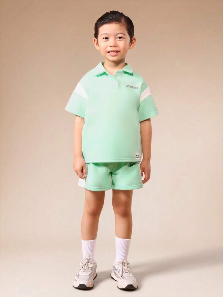 Boys Mint Green Polo Shirt And Shorts Summer Set With Logo Print Short Sleeve Collared Two Piece Casual Outfit