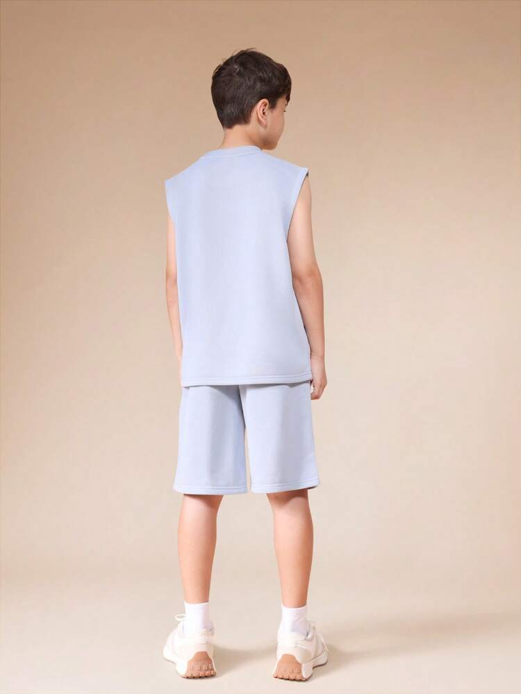 Boys Light Blue Sleeveless Tank Top And Matching Shorts Co-Ord Set Summer Casual Outfit Crew Neck
