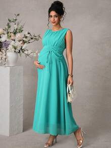 Momance D 女士休闲优雅雪纺长裙，浪漫复古风，适合海滩、度假，无袖，抽绳腰带，褶裥后背，春夏孕妇装 - 綠色 - 查看 5