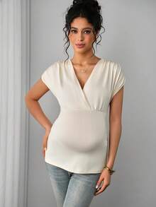 SHEIN 优雅白色V领修身孕妇T恤，简约设计 - 杏色 - 查看 3