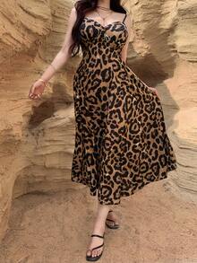 DAZY Women's Elegant Leopard Print Sleeveless Mid-Length Dress, Summer,Wedding Guest Dress Women Sundress - Coffee Brown - View 3