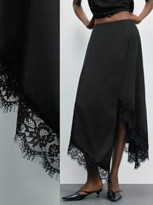 Maija 情人节婚礼宾客女士生日黑色撞色蕾丝不对称下摆优雅时尚半身裙不对称半身裙黑色半身裙春季 - 彩色 - 查看 1