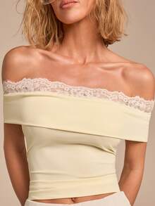 COSMINA 女士露肩柠檬黄蕾丝拼接短袖衬衫，修身露肩上衣，休闲优雅度假Y2K户外服饰，简约纯色上衣 - 淡黃色 - 查看 5