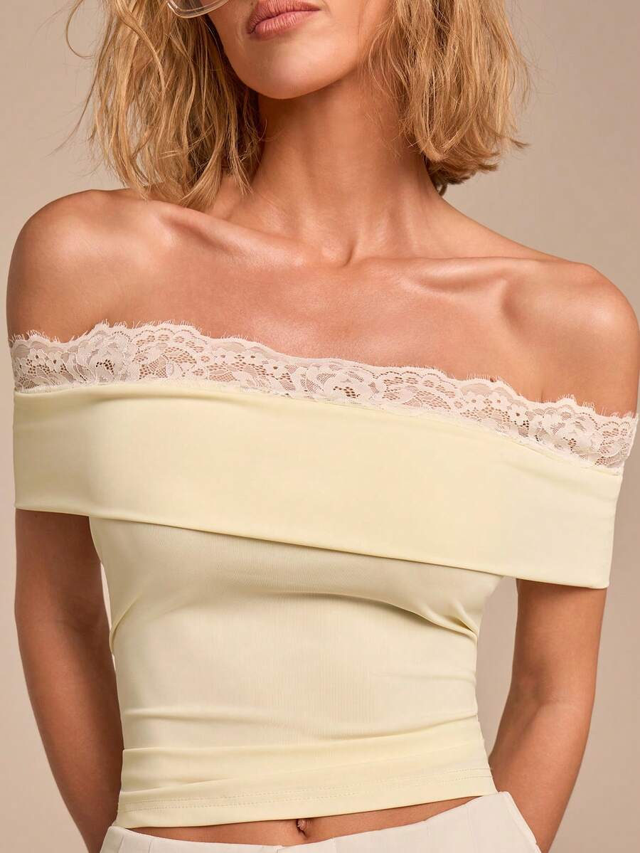 COSMINA Áo kiểu nữ tay ngắn màu vàng chanh phối ren, hở vai, ôm dáng, phong cách thanh lịch thường ngày, thích hợp cho kỳ nghỉ hè hoặc hoạt động ngoài trời theo phong cách Y2K, kiểu dáng tối giản, màu trơn. - Vàng nhạt - Xem 1