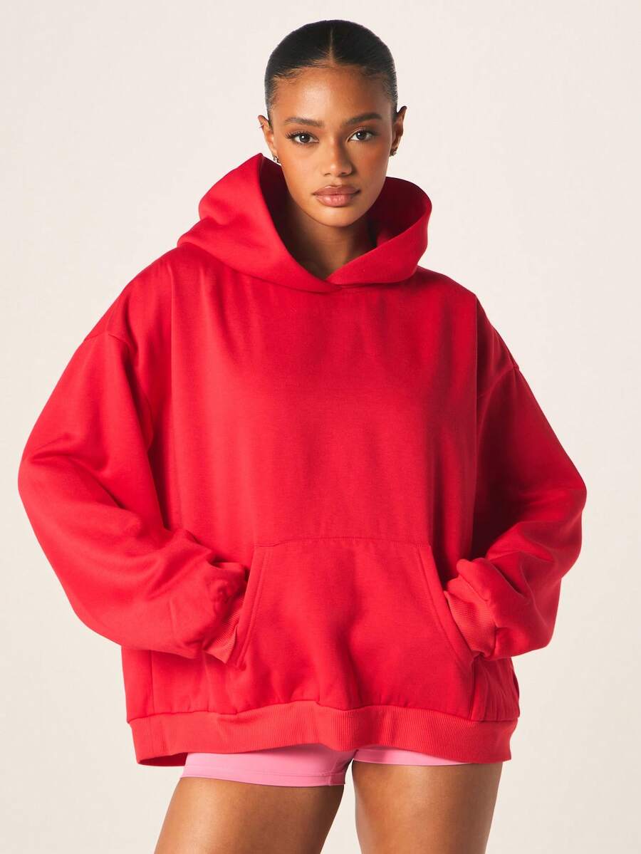 MISSGUIDED 红色超大款套头连帽衫,带中央口袋和抽绳,适合女士冬季休闲街头服饰 - 紅色 - 查看 1