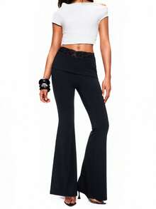 TypaGal 女士蕾丝边休闲纯色百搭阔腿裤，显瘦显腿长 - 黑色 - 查看 1