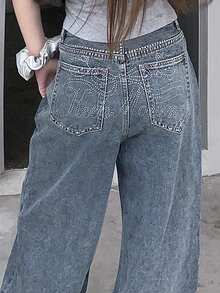 FRIFUL Women's Cotton Blend Back Panel Rhinestone Embellished Casual Straight Leg Jeans - Blue - View 4