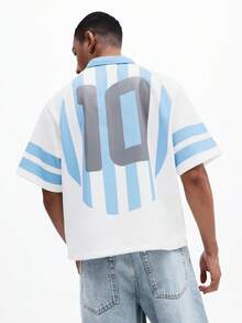 SUMWON 男士休闲宽松落肩 Polo 衫，浅蓝色条纹和数字 10 印花，短袖，夏季日常穿着 - 藍白色 - 查看 1