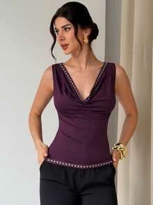 Firerie 女士优雅假日精致派对Y2K约会之夜铆钉深V领春夏新款上衣 - 中紫紅色 - 查看 11