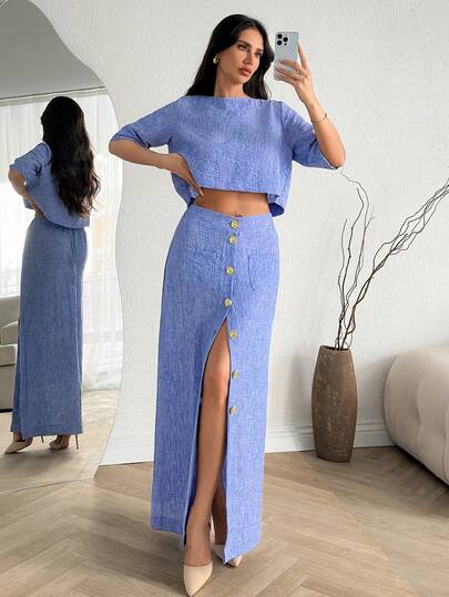 EURMUSE Indigo linne-look tvådelat set för kvinnor – kortärmad crop top och hög midja med knappar framtill