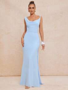 Lumalex 金色金属装饰深V领柔软网纱飘逸缎带露背修身美人鱼裙摆女装 - 淺藍色 - 查看 4