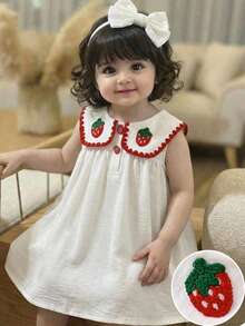 SHEIN 春夏白色连衣裙，红色花朵刺绣领口和蝴蝶结，甜美公主裙，宝宝生日礼物，适合日常穿着、节日、生日派对、家庭聚会等场合。 - 白色 - 查看 3