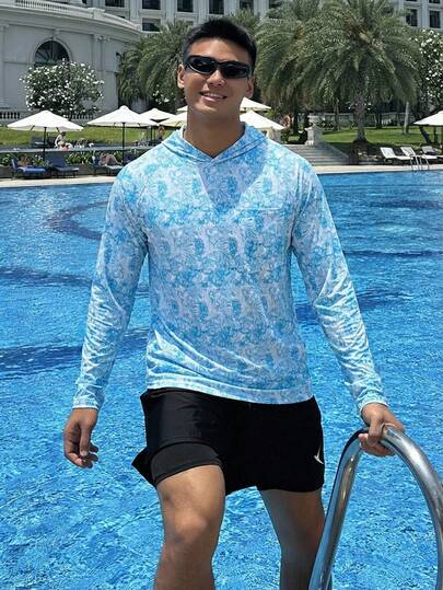 DAZY 남성용 긴팔 플로럴 후드 래쉬가드, 여름용 수영복