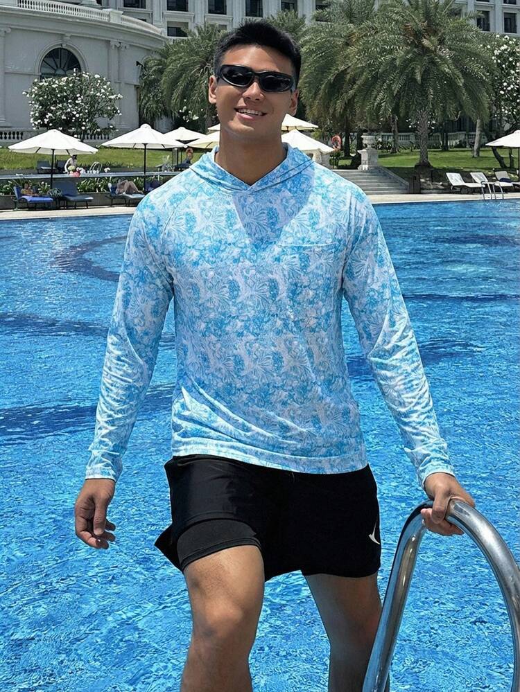 Men's Long Sleeve Floral Hooded Rash Guard, Swimwear For Summer