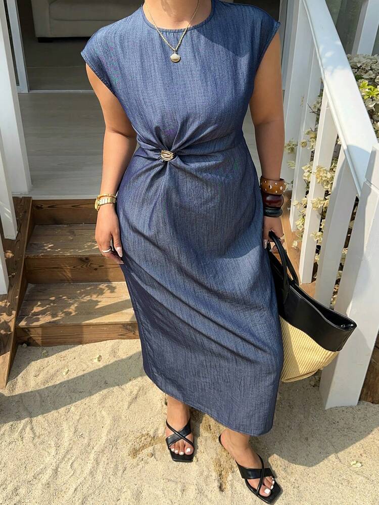 Dazy Plus Plus Size Women Solid Color Round Neck Ruched Waist Elegant Party Dress Sun Dresses For Women
