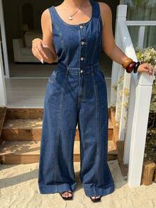 Dazy Plus Bộ jumpsuit không tay bằng vải denim màu xanh đậm, kiểu dáng nghỉ dưỡng, dáng dài, thích hợp cho mùa xuân/hè. - Rửa tối - Xem 8