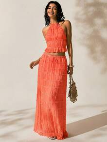 Easelle 新款夏季女士波西米亚风度假两件套，日常穿着，短款设计，荧光橙色 - 亮橙色 - 查看 5