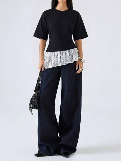 LYSMO 2026 New Minimalist Spring/Summer Women's Elegant White Lace Patchwork Asymmetric Hem Fitted T-Shirt, Black Ruffle Trim Blouse, Black Pleated Blouse, Ruffle Trim Blouse, Dignified Women's Tops